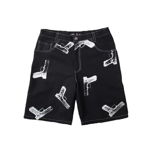 Street Graphic Gun Print Black Denim Shorts for Edgy Fashion Brands