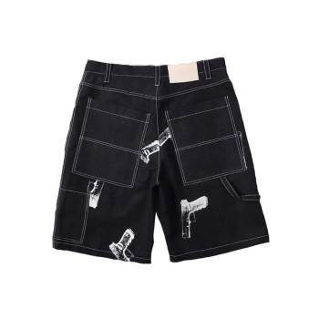 Street Graphic Gun Print Black Denim Shorts for Edgy Fashion Brands