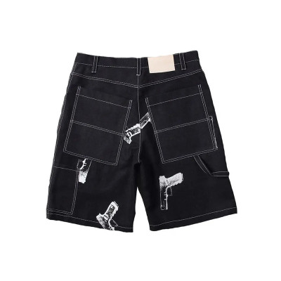 Street Graphic Gun Print Black Denim Shorts for Edgy Fashion Brands