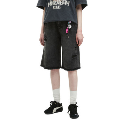 Washed Black Distressed Denim Bermuda Shorts – Y2K Streetwear Unisex Fit