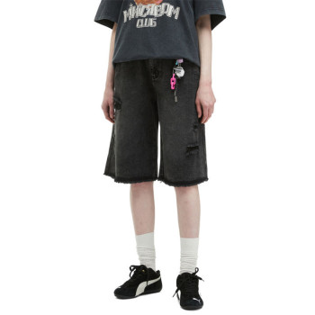 Washed Black Distressed Denim Bermuda Shorts – Y2K Streetwear Unisex Fit