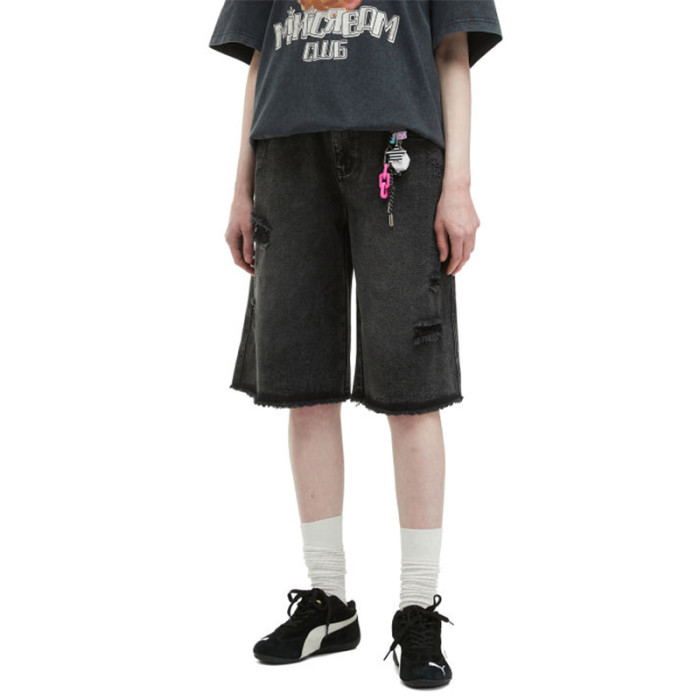 Washed Black Distressed Denim Bermuda Shorts – Y2K Streetwear Unisex Fit