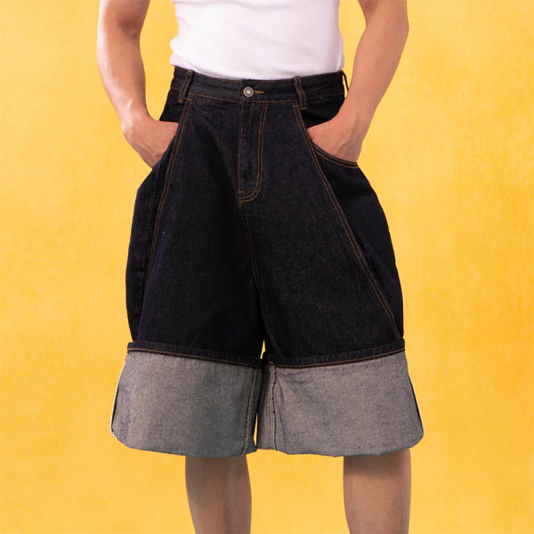 Wide-Leg Raw Cuff Denim Shorts – Minimalist Architectural Fit