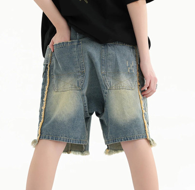 Custom Washed Denim Cargo Shorts with Fringe Hem