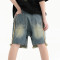 Custom Washed Denim Cargo Shorts with Fringe Hem