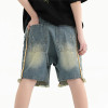Custom Washed Denim Cargo Shorts with Fringe Hem