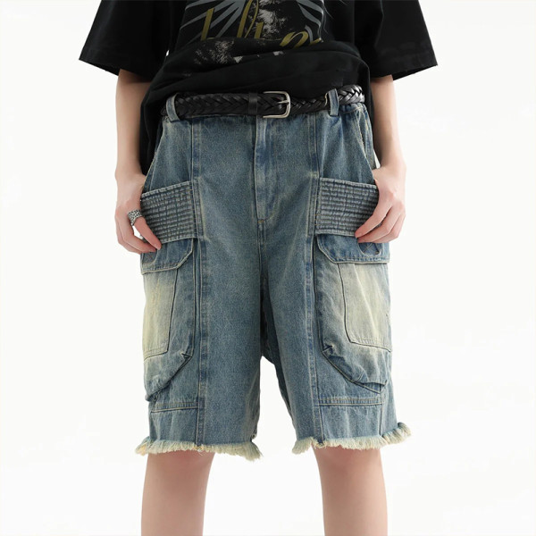 Custom Washed Denim Cargo Shorts with Fringe Hem