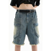 Custom Washed Denim Cargo Shorts with Fringe Hem