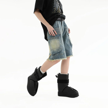 Custom Washed Denim Cargo Shorts with Fringe Hem