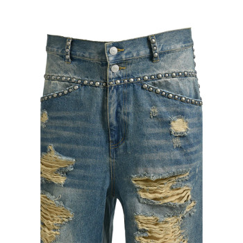 Custom Ripped Denim Shorts with Stud Details for Designers