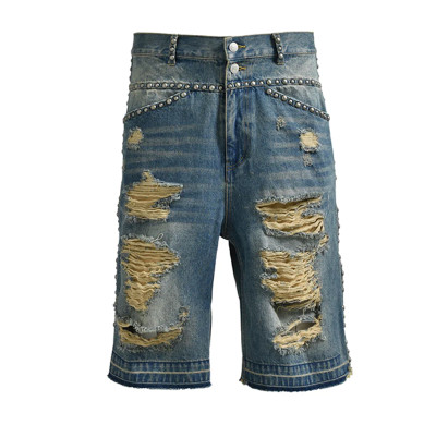 Custom Ripped Denim Shorts with Stud Details for Designers