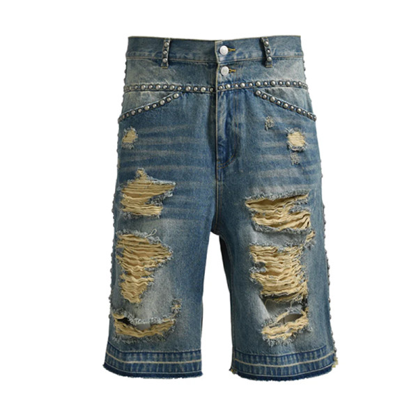 Custom Ripped Denim Shorts with Stud Details for Designers