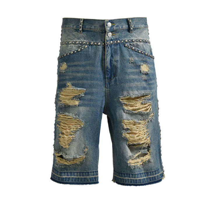 Custom Ripped Denim Shorts with Stud Details for Designers