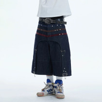 Custom Dark Denim Shorts with Star Rivets & Utility Straps