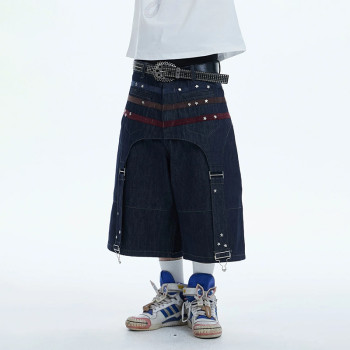 Custom Dark Denim Shorts with Star Rivets & Utility Straps