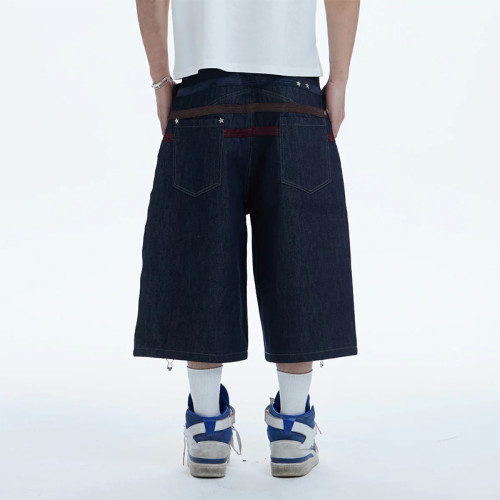 Custom Dark Denim Shorts with Star Rivets & Utility Straps
