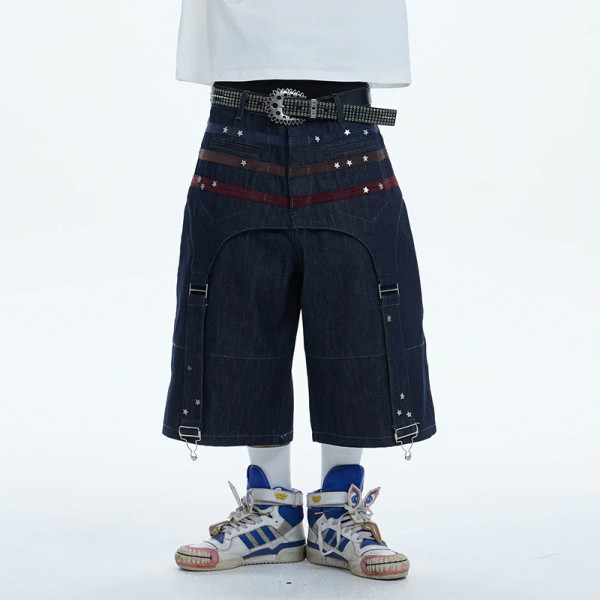 Custom Dark Denim Shorts with Star Rivets & Utility Straps