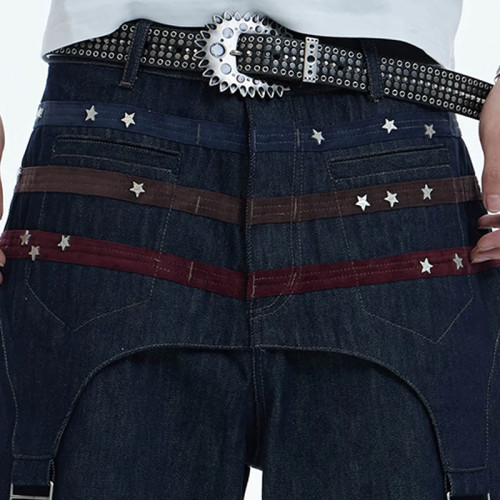 Custom Dark Denim Shorts with Star Rivets & Utility Straps