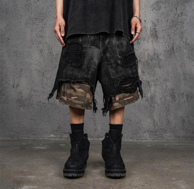 Distressed Black Cargo Shorts with Camo Layer & Frayed Hem