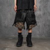Distressed Black Cargo Shorts with Camo Layer & Frayed Hem
