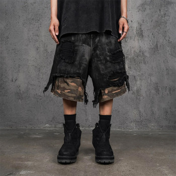 Distressed Black Cargo Shorts with Camo Layer & Frayed Hem