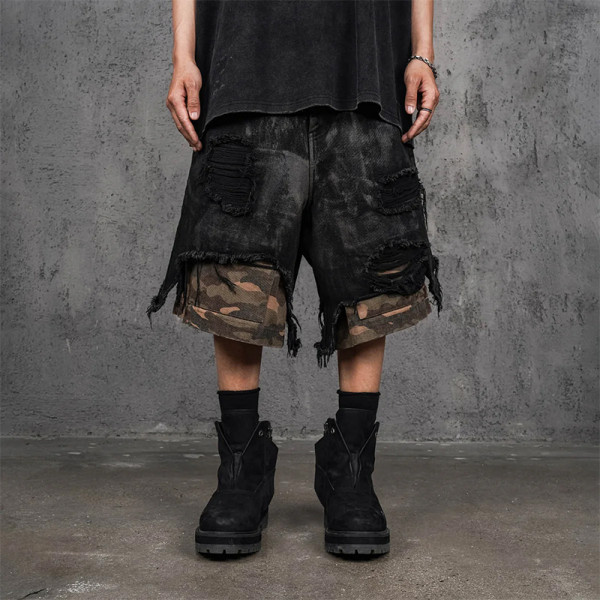 Distressed Black Cargo Shorts with Camo Layer & Frayed Hem
