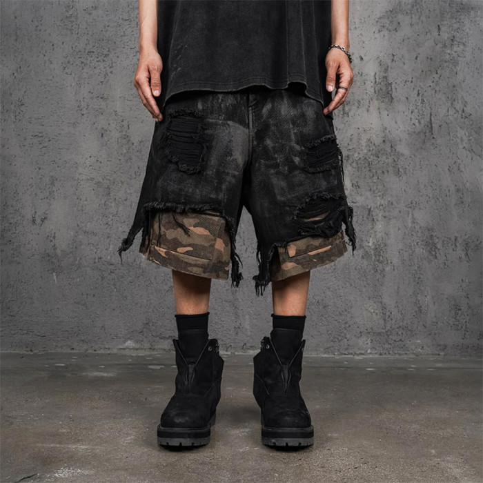 Distressed Black Cargo Shorts with Camo Layer & Frayed Hem
