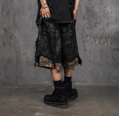 Distressed Black Cargo Shorts with Camo Layer & Frayed Hem