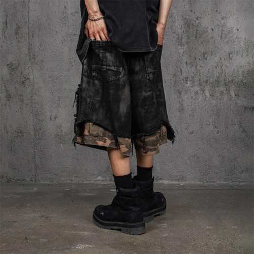 Distressed Black Cargo Shorts with Camo Layer & Frayed Hem