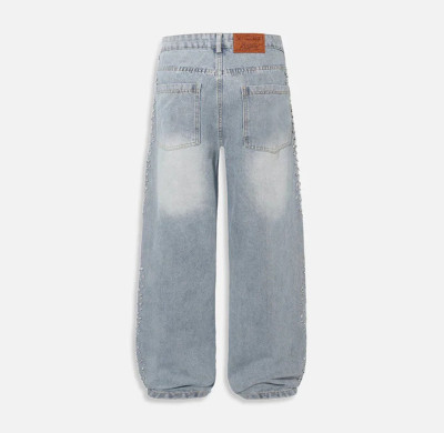 Light Wash Rhinestone Embellished Baggy Jeans