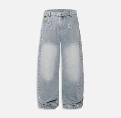 Light Wash Rhinestone Embellished Baggy Jeans
