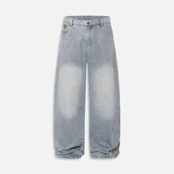 Light Wash Rhinestone Embellished Baggy Jeans