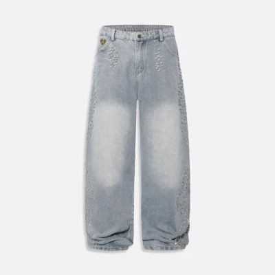 Light Wash Rhinestone Embellished Baggy Jeans
