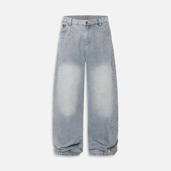 Light Wash Rhinestone Embellished Baggy Jeans
