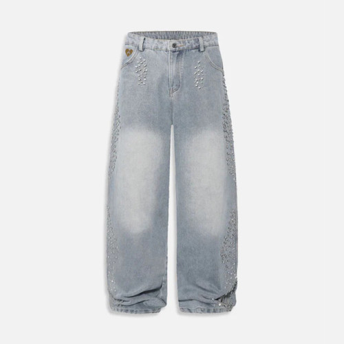 Light Wash Rhinestone Embellished Baggy Jeans