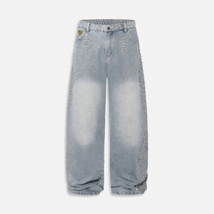 Light Wash Rhinestone Embellished Baggy Jeans