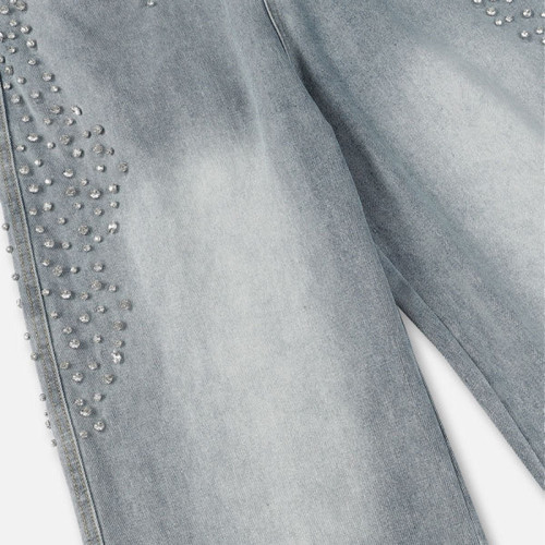 Light Wash Rhinestone Embellished Baggy Jeans
