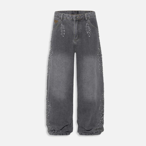 Light Wash Rhinestone Embellished Baggy Jeans
