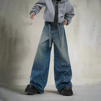 Black Rhinestone Wide-Leg Jeans with Belt