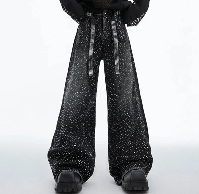 Black Rhinestone Wide-Leg Jeans with Belt