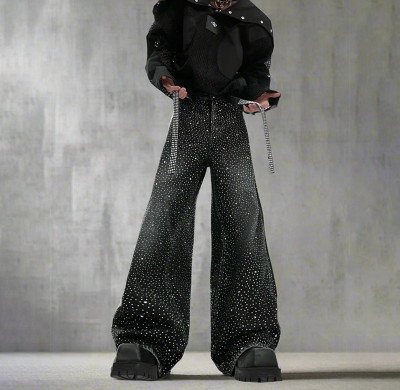 Black Rhinestone Wide-Leg Jeans with Belt