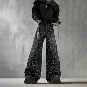 Black Rhinestone Wide-Leg Jeans with Belt