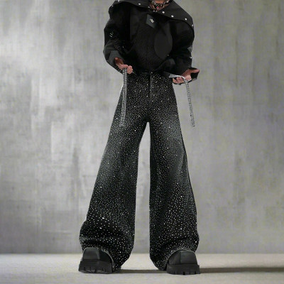 Black Rhinestone Wide-Leg Jeans with Belt