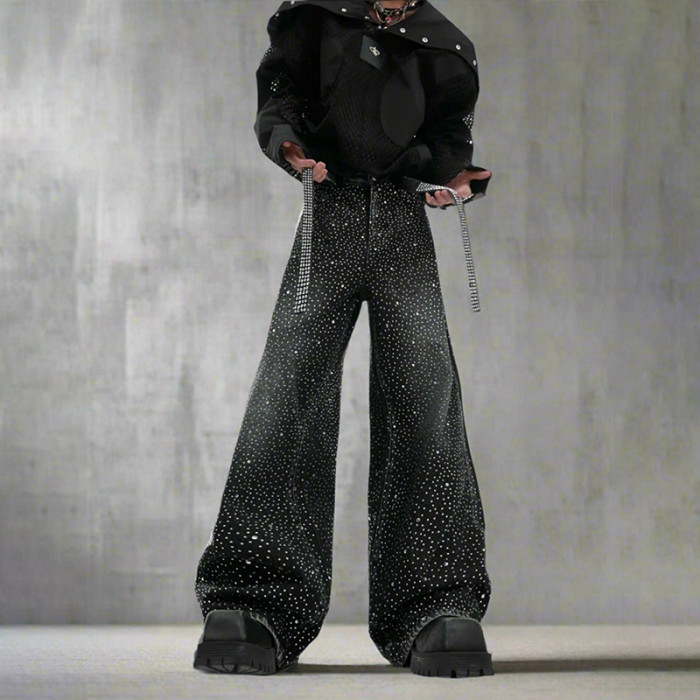 Black Rhinestone Wide-Leg Jeans with Belt