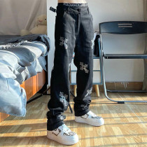 Gothic Rhinestone Cross Straight-Leg Pants