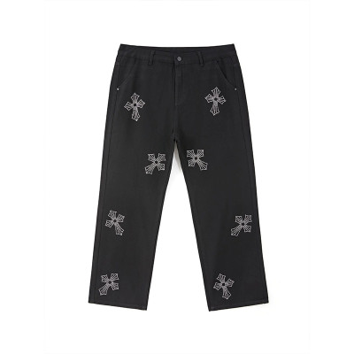 Gothic Rhinestone Cross Straight-Leg Pants