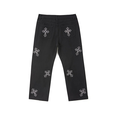 Gothic Rhinestone Cross Straight-Leg Pants