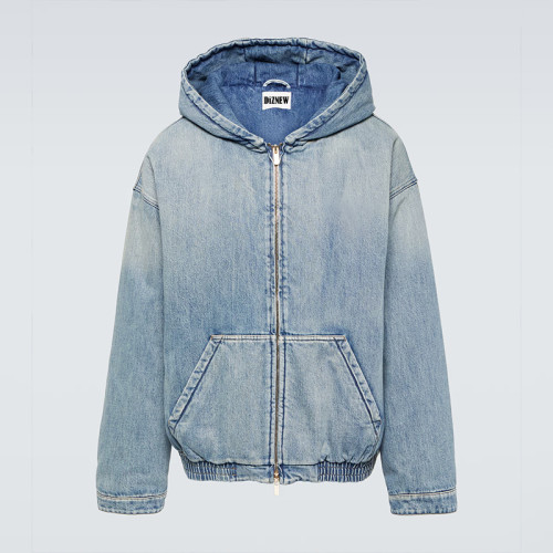 Minimalist Washed Denim Hoodie with Front Zip – Unisex Custom Fit