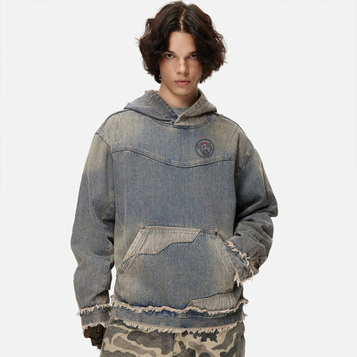 Custom Men’s Distressed Ripped Denim Hoodie – Rugged Streetwear Essential