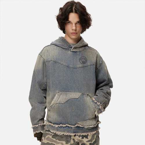 Custom Men’s Distressed Ripped Denim Hoodie – Rugged Streetwear Essential